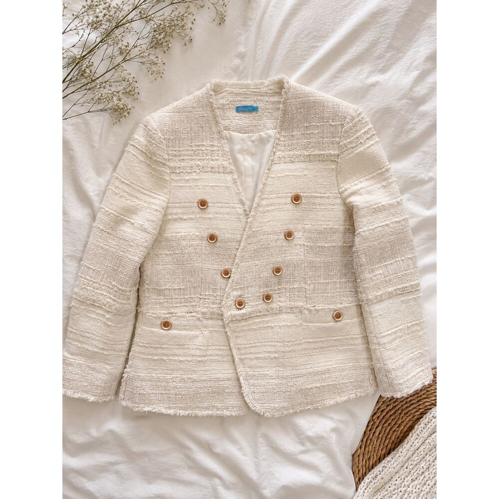 J. McLaughlin Cream Tweed Blazer Jacket Frayed‎ Double Breasted Interview, S